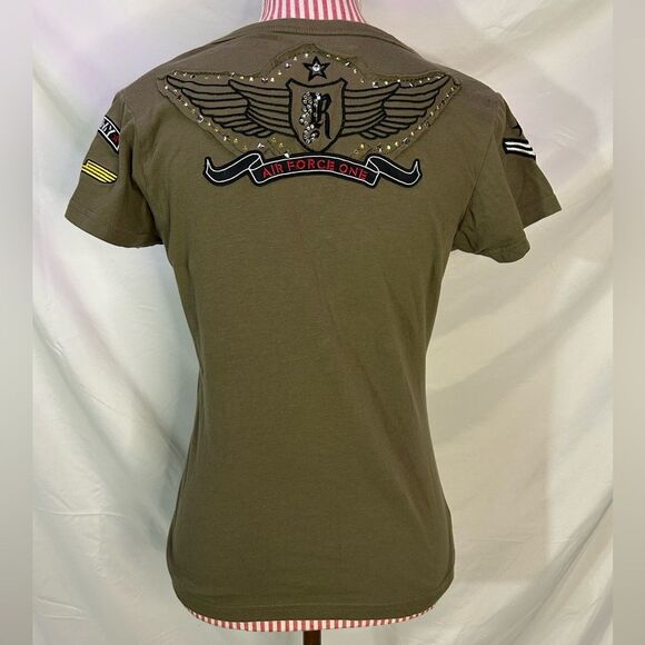 Y2K Grunge Top Army Green Studded Embroidered Patches Punk T-Shirt Sz Large - Picture 7 of 10